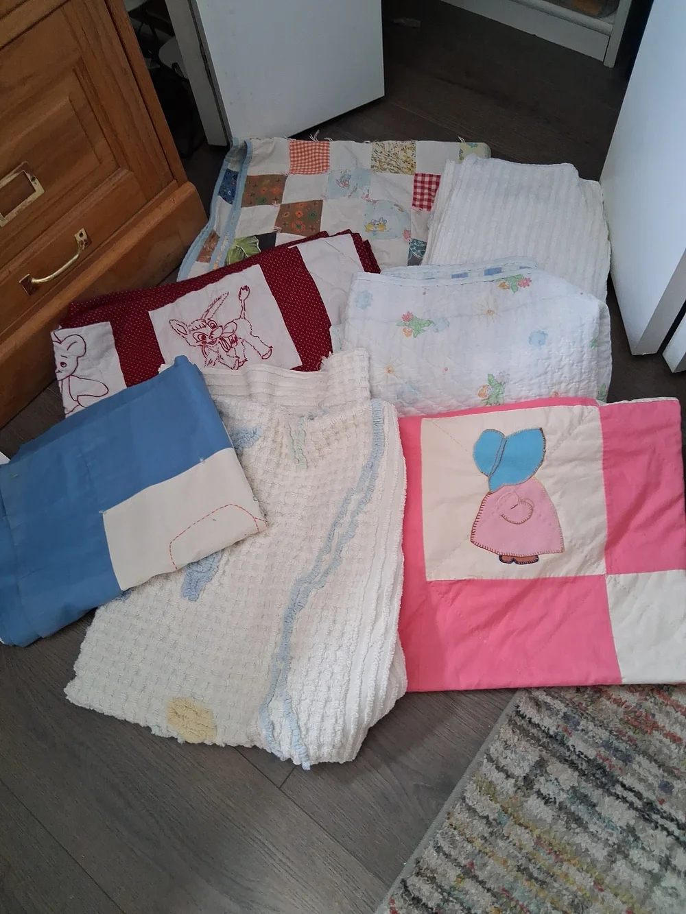 Huge Vintage Crib Quilt/ Blanket/ Bedspread Lot Chenille, Sunbonnet, Care Bear..